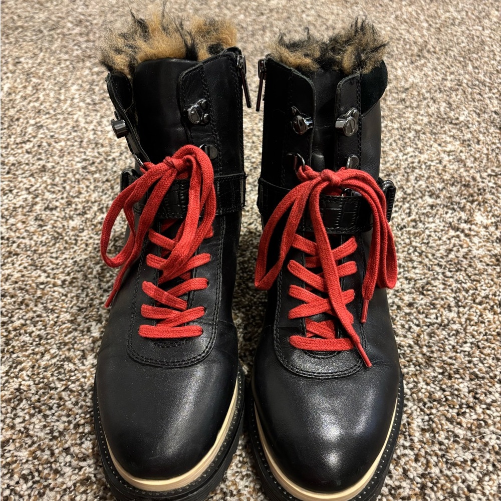 Black and Red Combat Boots with Fur Trim